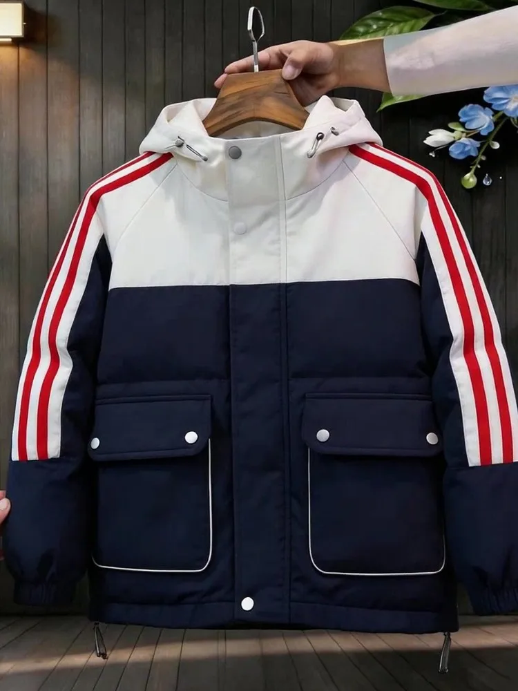 Leisure Preppy Style Long Sleeves Hooded Mens Pockets Outerwear Versatile Mixed Color Warm Male Hidden Nutton Padded Jackets