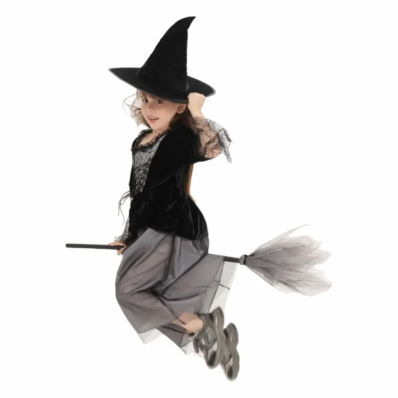 

Glittering Sorceress Magic Fairy Halloween Witch Costumes Girl For 4-11 year old Carnival Birthday Party Cosplay with Broom