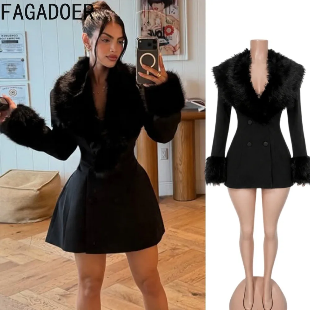 FAGADOER Women Faux Fur Collar Mini Dress Long Sleeve High Waist Slim Fit A Line Dress Elegant Sexy Winter Party Club Outfit
