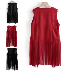 Women Faux Suede Ethnic Sleeveless for Jacket Long Fringe Tassels Hippie Open Front Cardigan Vintage Cowgirl Waistcoat Vest