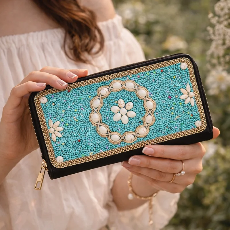 Women's Turquoise Beaded Long Wallet, PU Zip Around Purse with Card Slots and Coin Pocket, Boho Floral Travel Wallet