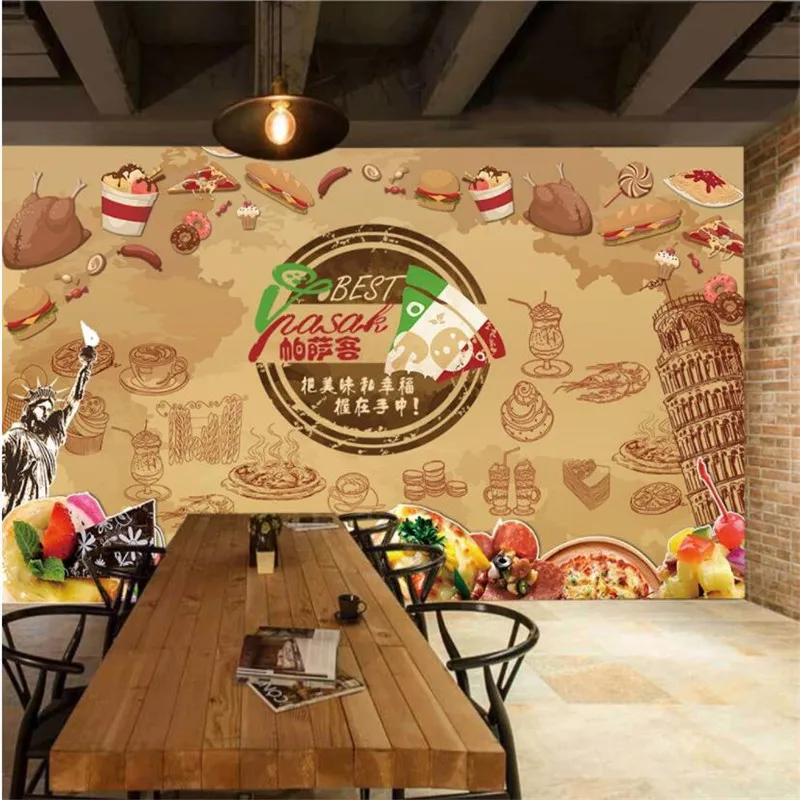 Retro Pizza Western Restaurant Doodle Industrial Decor Background Mural Wallpaper Fast Food Restaurant Snack Bar Wall Paper 3D