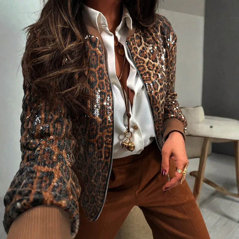 

Повседневные женские блестящие леопардовые куртки с блестками, бейсбольная куртка на молнии с длинными рукавами, топы, вечерние женские блестящие верхние пальто, униформа, осень