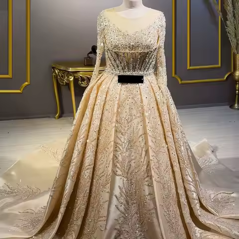 Luxury Champagne A Line Evening Dress with Long Detachable Train Engagement Party Dress Crystal Beaded Prom Dress Customized