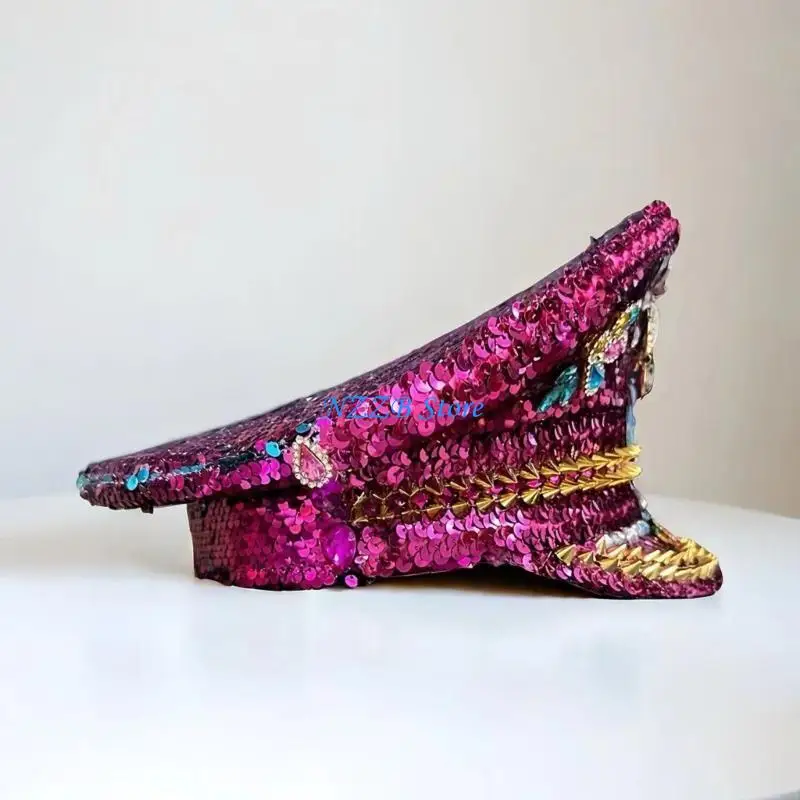 T21F Sombrero capitán con diamantes imitación coloridos incrustados con diamantes imitación para mujer, ropa fiesta,