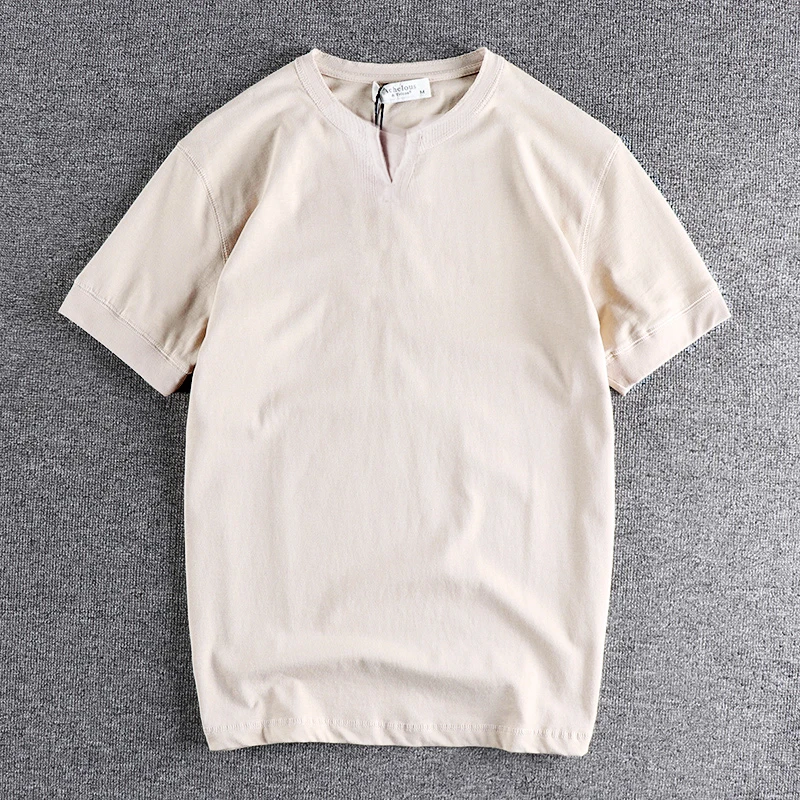 2025 Summer New American Retro Short Sleeve V-neck Solid Color T-shirt Men's Simple 100% Cotton Washed Casual Loose Sport Tops