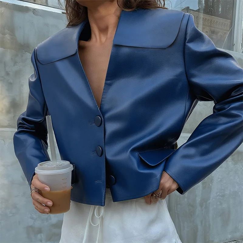 

Trendix Solid PU Jacket For Women 2025 Autumn New Long Sleeve Deep V Neck Blazer Tops Winter Street Vintage Leather Blazer Coat
