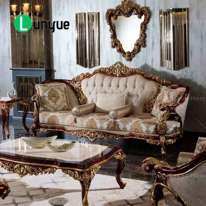 Luxury Turkish Style Sofa Set Gold Carved Solid Wood Frame Classic Living Room Furniture Elegant Home Decor Comfortable