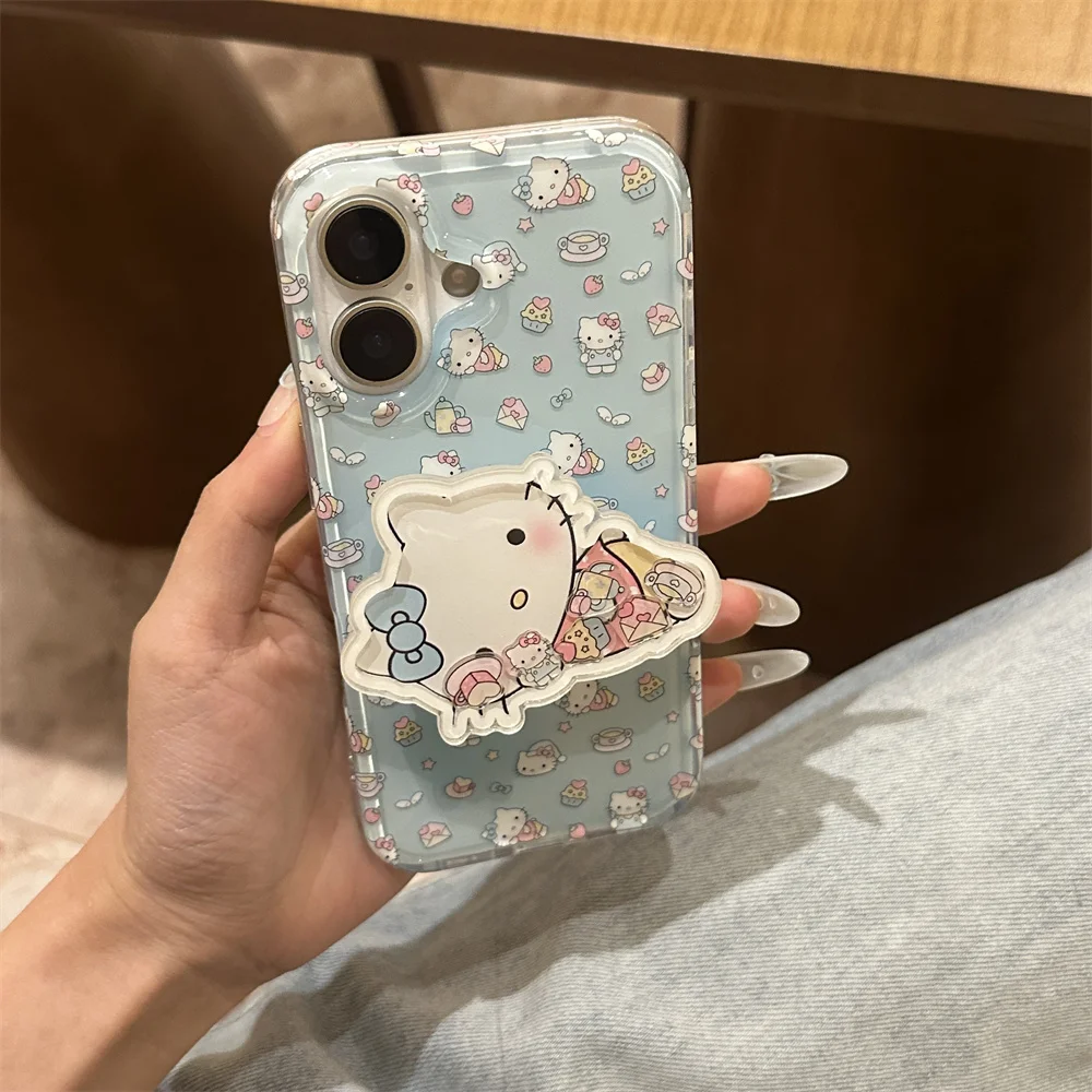 

Cute Cake Hello Kitty Phone Case With kitten Holder For iPhone 16 15 14 13 12 Pro Max Drop Resistant Cartoon Phone Case