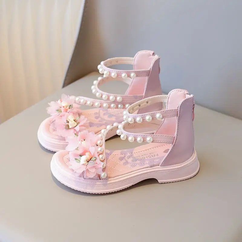 2026 New Summer Roman Pearl Princess Sandals Girls Floral Sandals Fashionable Versatile