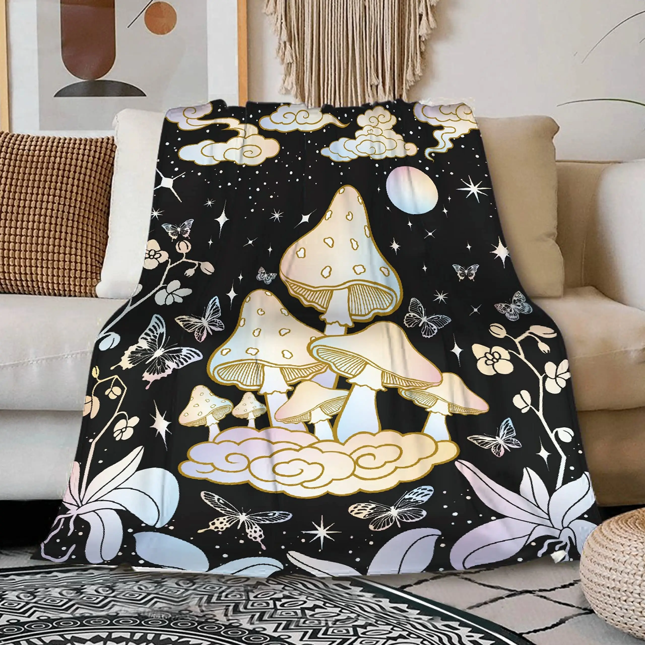 Mushroom Hippie Blanket Moth Gothic Witchy Flannel Throw Blankets for All Season Sun Moon Fuzzy Soft Bed Sofa Office Blanket