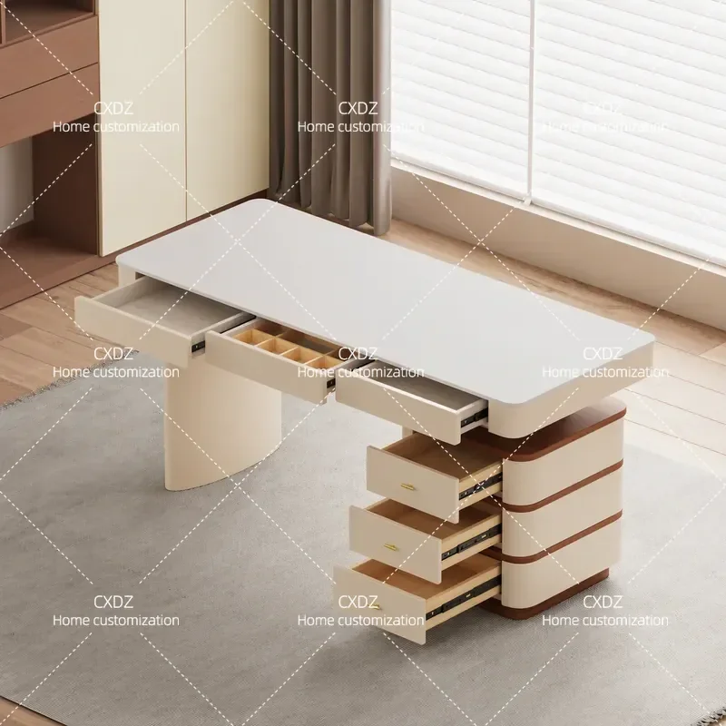 Modern Italian Minimalist Cream Style Solid Wood Desk with Rock Slab Top Light Luxury Study Table for Home Office
