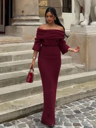 Women Elegant Burgundy Color Off Shoulder Knitted Dress Chic Long Sleeve Waist Up Warm Vestidos 2024 Lady New Party Evening Robe