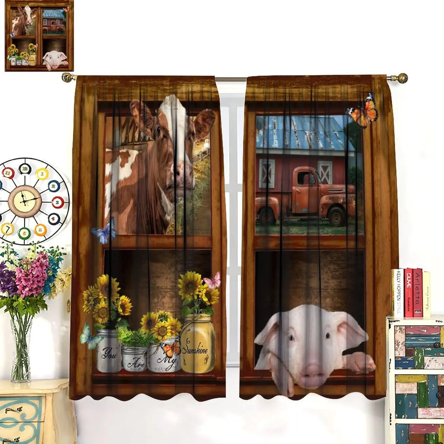 Rustic Farmhouse Kitchen Curtains Cow Pig Country Vintage Animal Farm Sunflower Truck for Home Kitchen Livingroom Coffee 2Panel