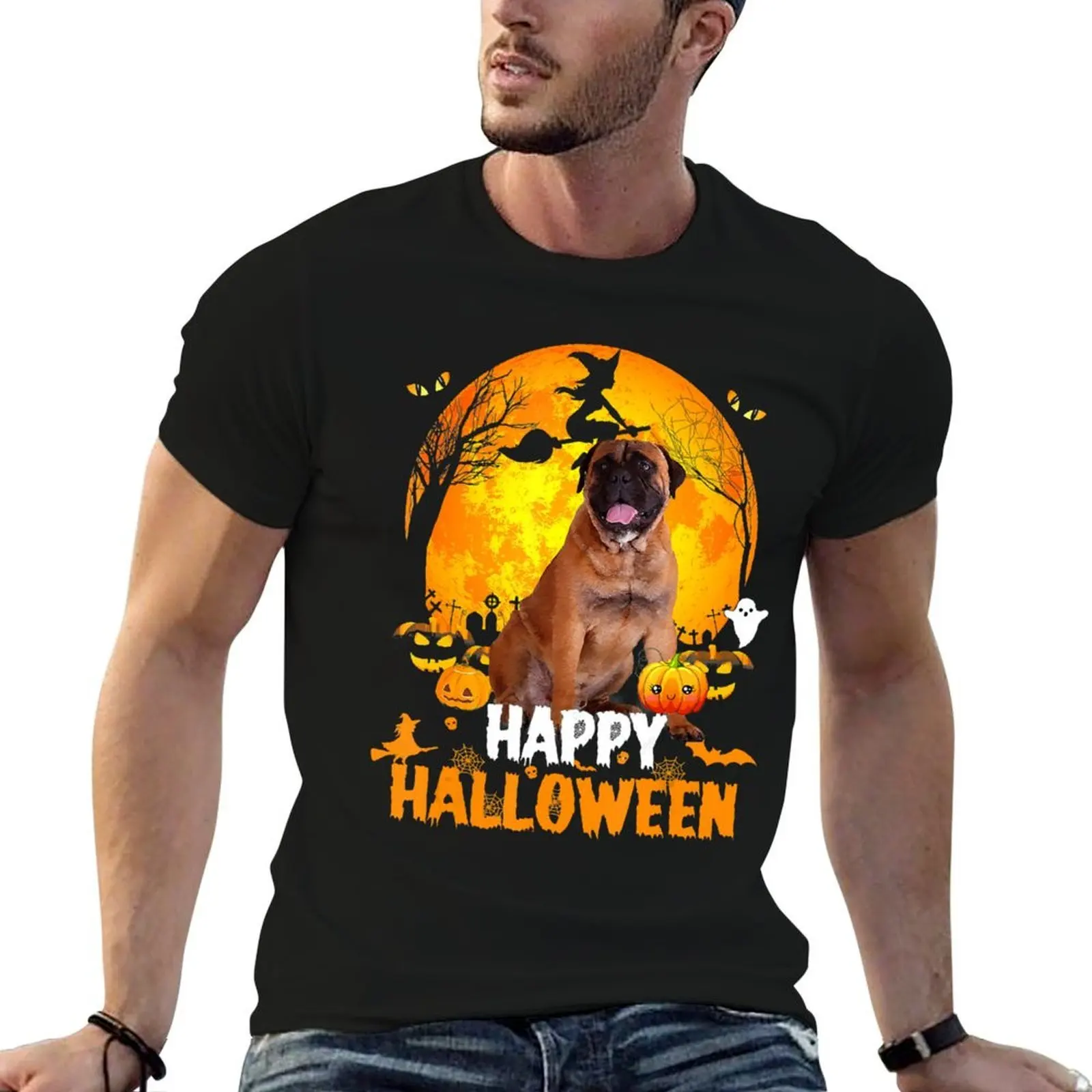 

& t the shirt man Day Halloween Moon Pumpkin t Dog shirt graphic With Bullmastiff Happy man T-Shirt cotton
