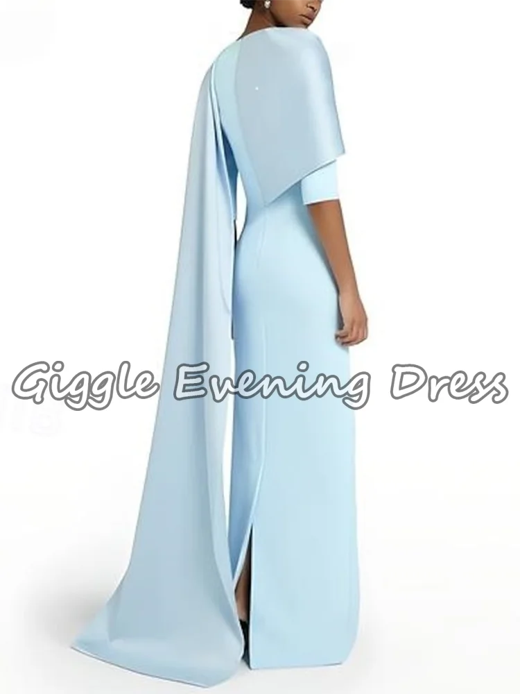 Robe de soirée arabe Simple bleu clair pour femmes, Cape châle, demi-manches, robes formelles en Satin, longueur au sol, robe de soirée de Gala personnalisée