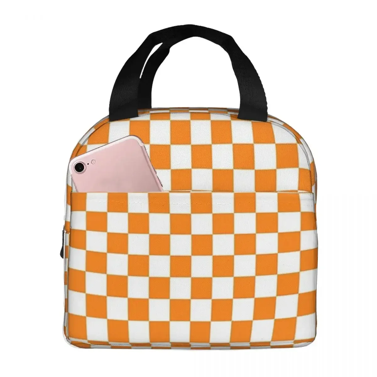 Orange White Checkered Pattern Lunch Bags Insulated Bento Box Waterproof Lunch Tote Cooler Thermal Bag for Woman Children School