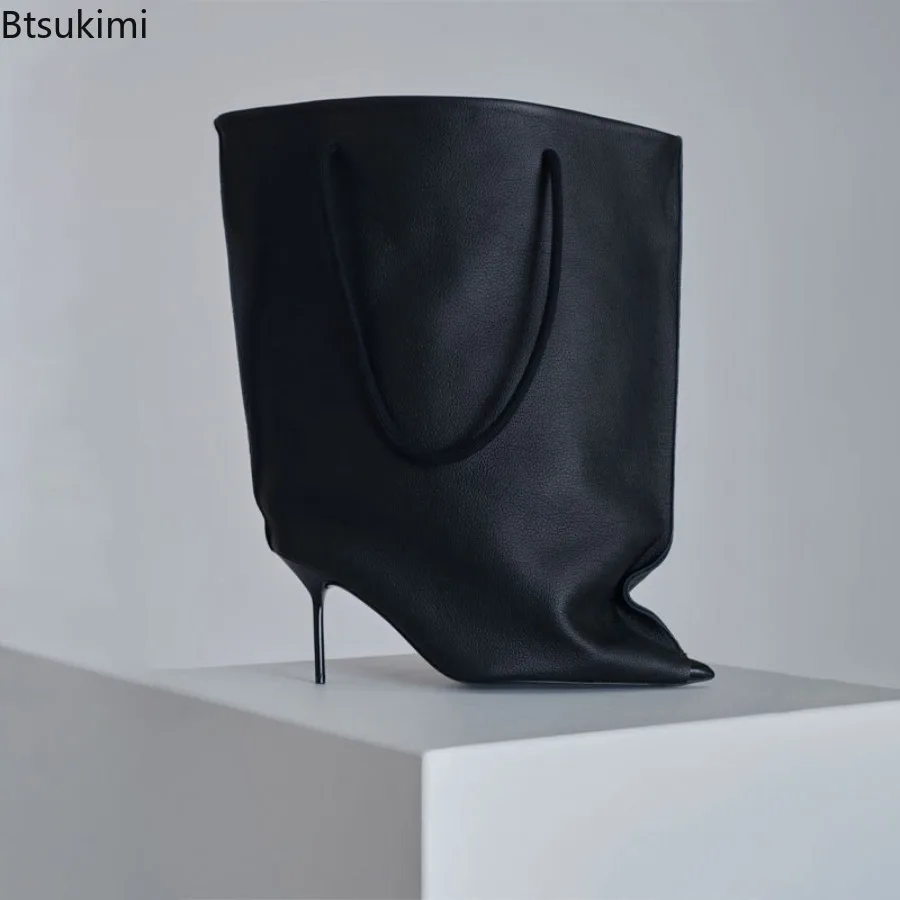 New Autumn Winter Women's Pointed Toe Mid Calf Bag Booties Super Big Top Half Wide Fit High Slim Heels Loose Fashion Short Boots - view 2