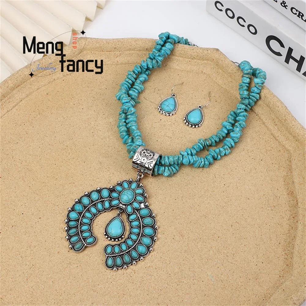 

Natural Retro Round Flower Turquoise Pendant Ethnic Style High-grade Earrings Exquisite Necklace Gift for Girlfrien Fine Jewelry