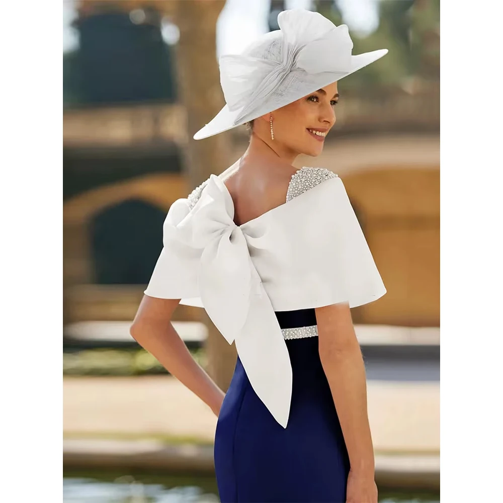 Customized Mother of the Bride Dress Column Pearls Ivory Navy Blue Guest Maxi Ankle Length Bow Cocktail Wedding Party Dresses
