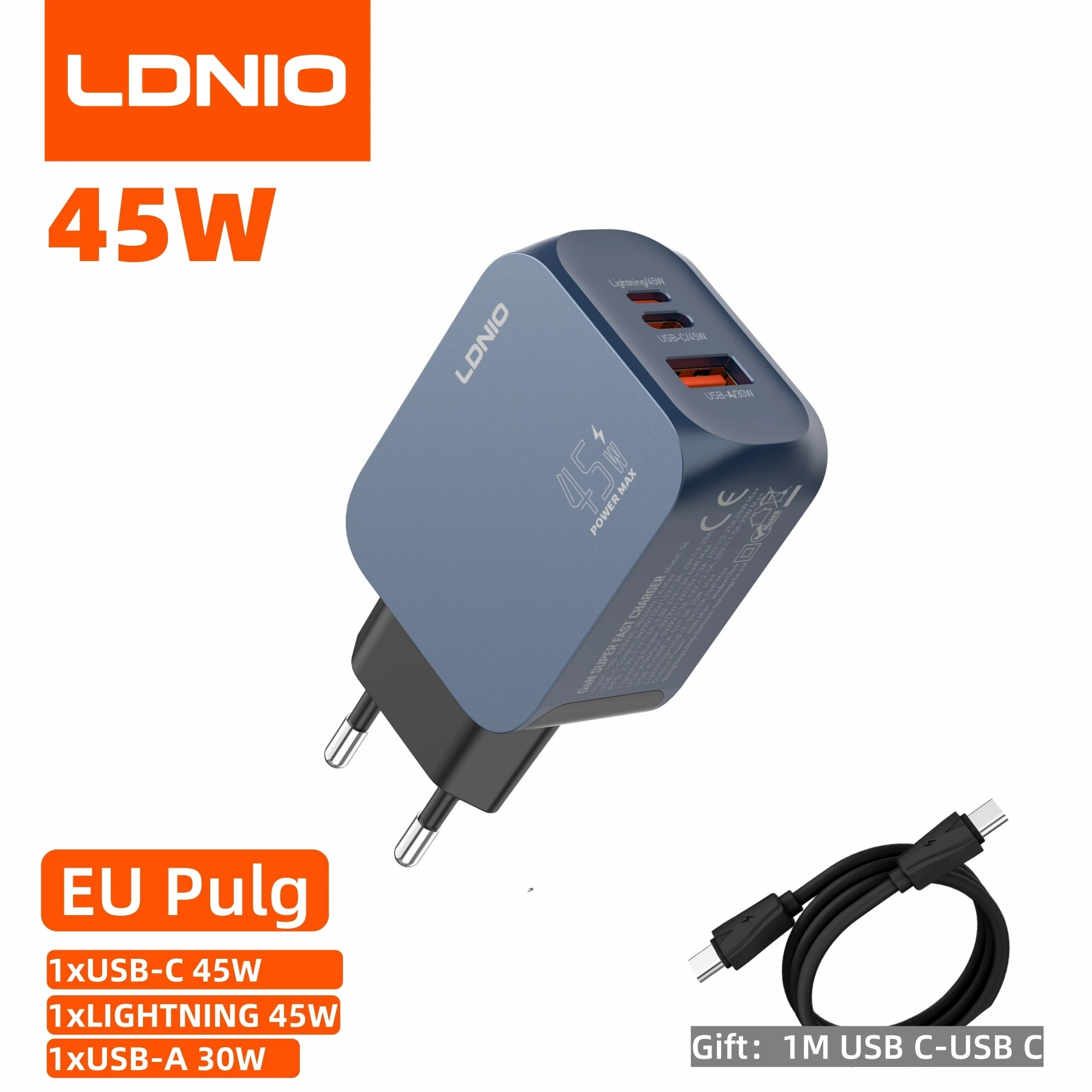 LDNIO Gan 45W Snellader Type-C, compatibel met 40W iPhone 17 Pro Max Air Xiaomi Samsung Ultra - Snelle oplaadadapter