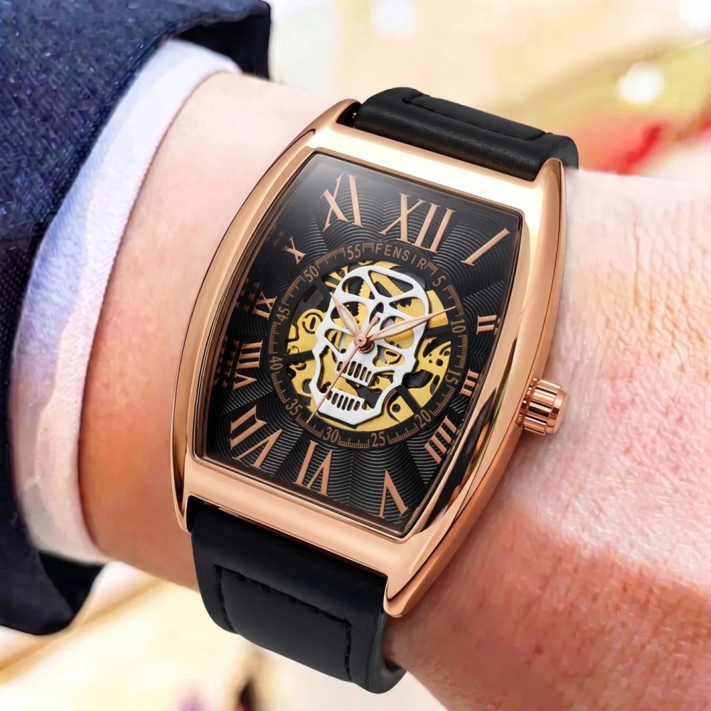 Personalized Barrel-Shaped Men's Quartz Watch, with a Cool Skull Dial, Roman Numeral Markers, Comfortable Leather Strap, Waterproof and Wear-Resistant, a Stylish and Versatile Men's Watch Suitable for Trendy Men to Wear and Make as a Gift.