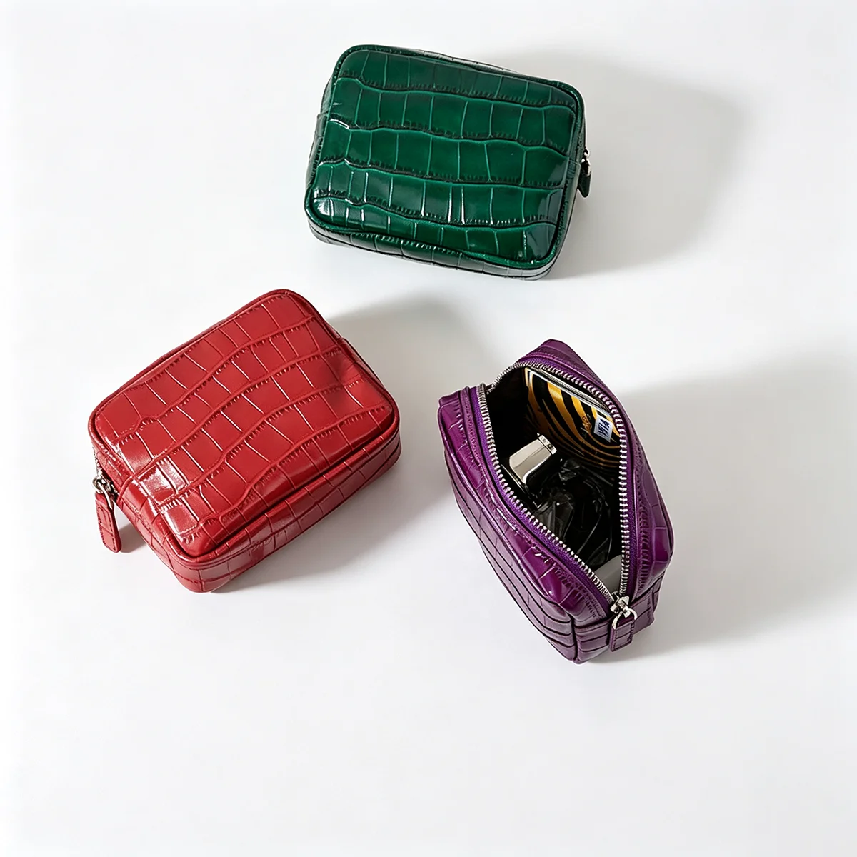 Echtes Leder mit Krokodilprägung Damen-Münzbörse Lippenstifthalter Kopfhörer-Schlüssel-Organizer Clutch Ausweiskartenetui Kosmetiktasche – Detail 4