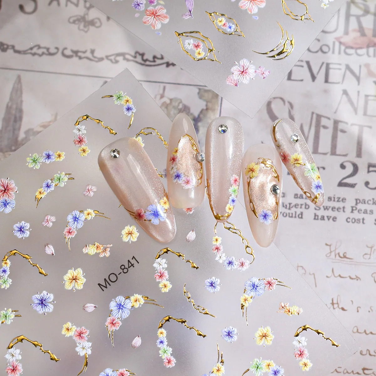 Spring Floral Nail Stickers Gold Outline Frames 5D Multicolor Dry Flower Decals Self-Adhesive Manicure Decor Flowers for Daily