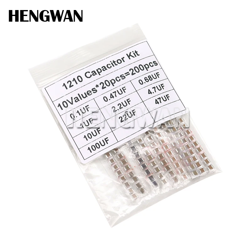 200pcs 1210 0.1uF - 100uF SMD Capacitor Assorted Kit 10Values 100nF 0.47uF 0.68uF 1uF 2.2uF 4.7uF 10uF Capacitance Samples Set