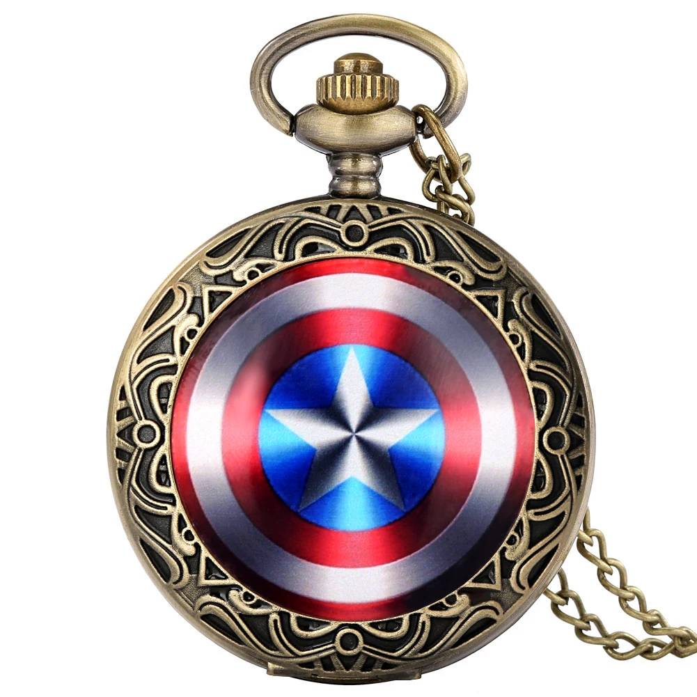 

Marvel Captain America's Splat Shield Extension Shield Weapon S.H.I.E.L.D. Shield Pattern Quartz Pocket Watch Necklace FOB Chain