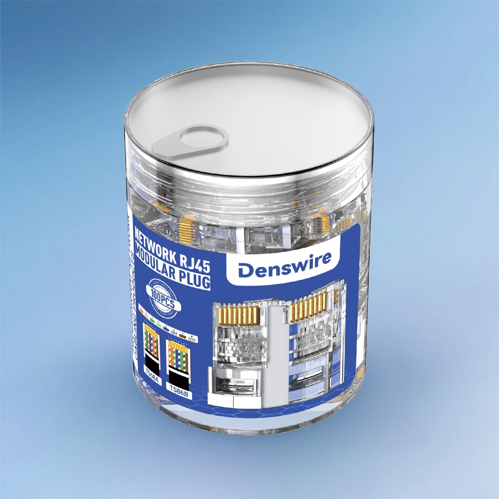 Denswire STP RJ45 Cat6 Pass-Through Connectors, FTP Crimp Modular Plugs, 3-Prong for Solid and Stranded Cable, 8P8C Design