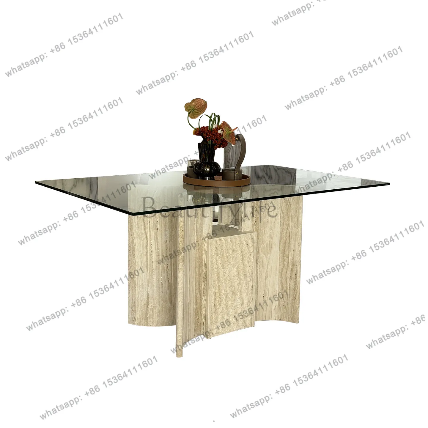

White Cave Natural Marble Dining Table French Medieval Style Designer Tempered Glass Rice Table