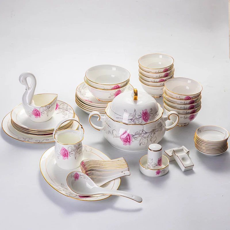 Bowl and Plate Set Jingdezhen Upscale 60pc Bone Porcelain Tableware Set Chinese Bowl, Plate, Bowl, Chopstick, Wedding Gifts