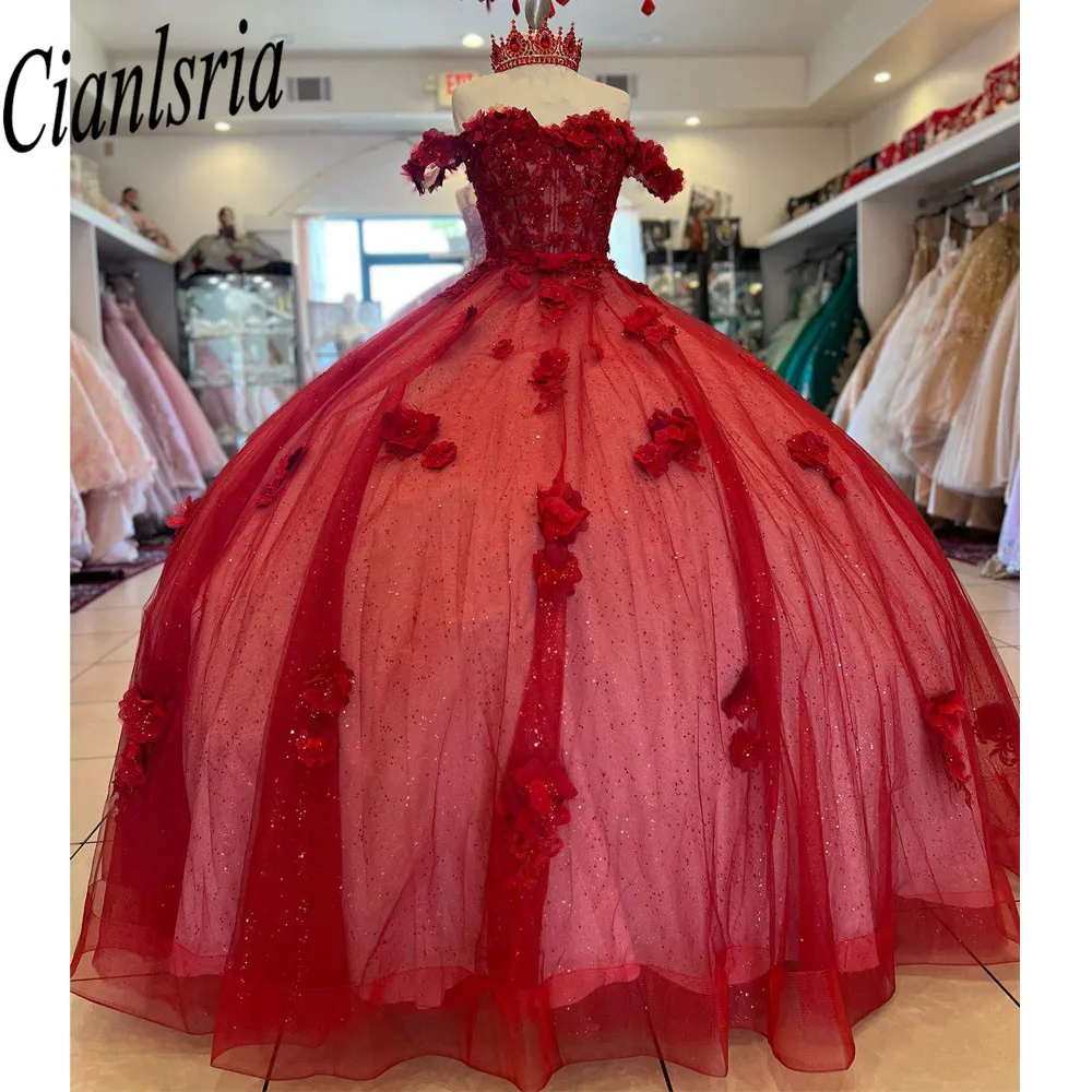 Red Quinceanera Dresses 3D Appliques Sweetheart Handmade Flower Ball Gowns Vestidos De 15 Años