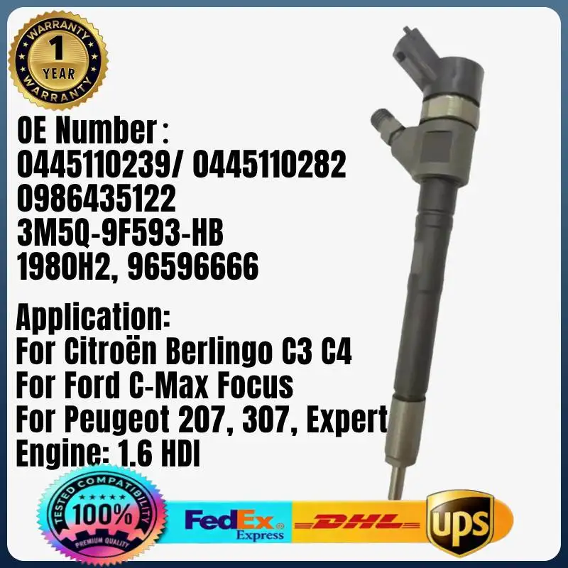 

0445110282 0445110239 0986435122 Fuel Injector 1980H2 96596666 3M5Q9F593HB for Ford Focus Citroen Berlingo C3 C4 Fiat Scudo