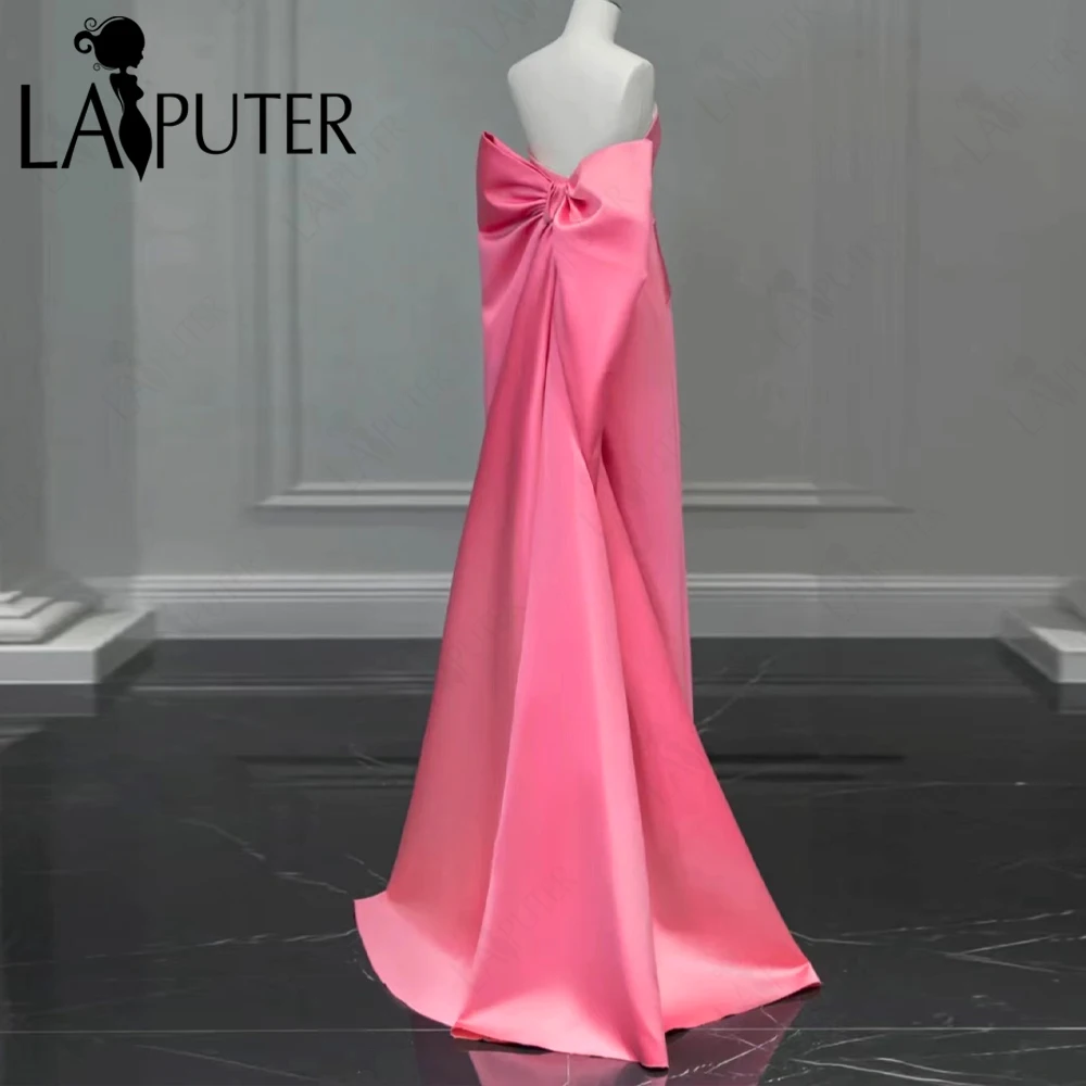 Plain Pink Satin Girl Prom Dresses Strapless A line Long Evening Gown Ruched Back Detachable Big Bow Knot Cute Celebrity Dress