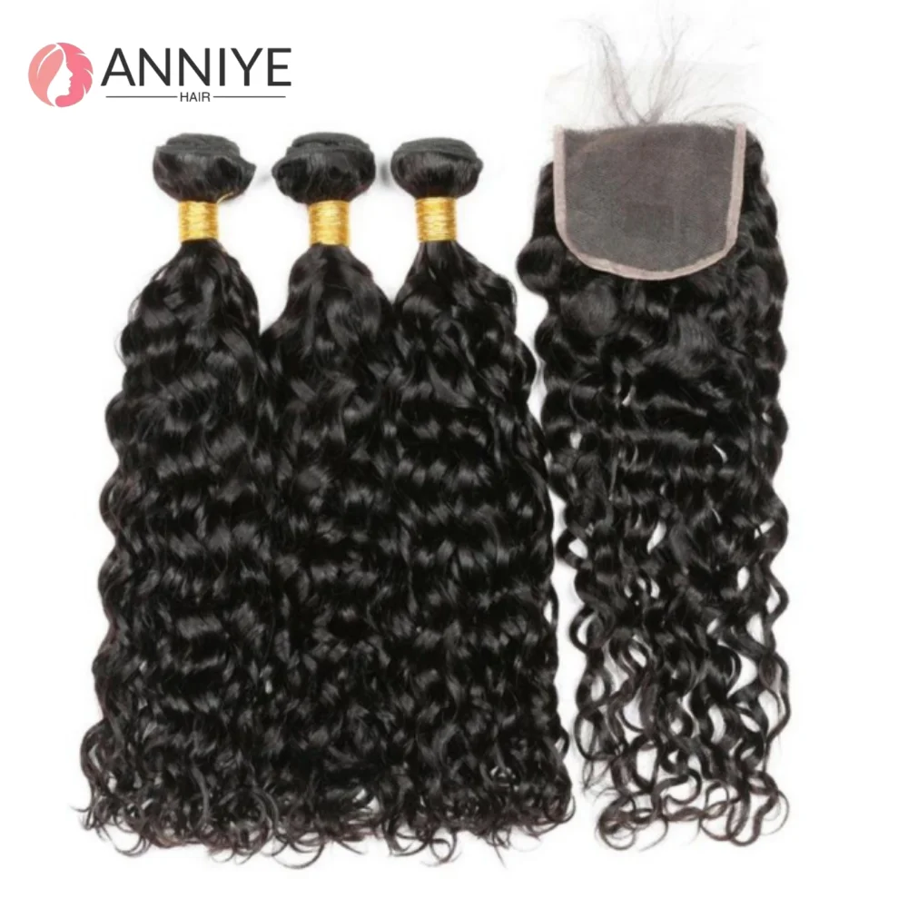 

12A Water Human Hair Bundles With Closure 4X4 Lace Water Wave Hair Bundles Raw Weaving 100% Human Hair Extensions Natural Color