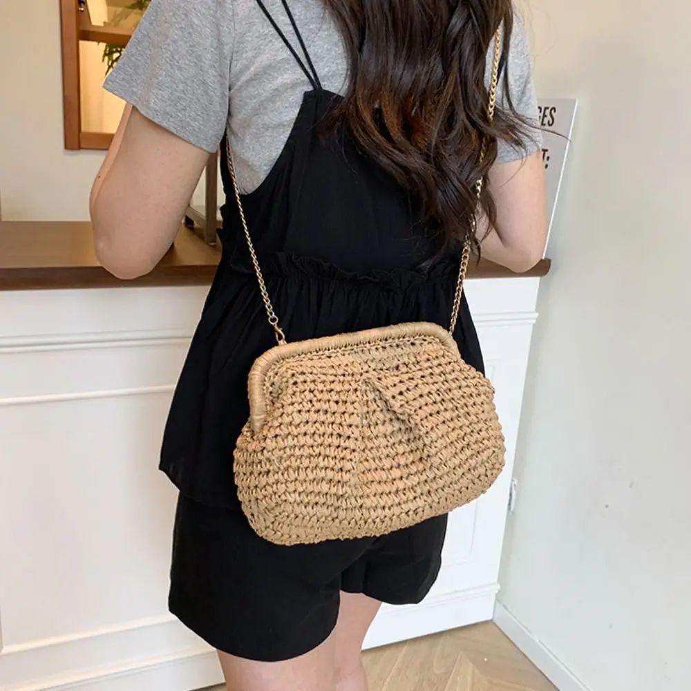 Retro Bohemian Shell-shaped Weave Bag Hollowed Out Chain Strap Straw Shoulder Bag Large Capacity Handbag Beach Bag Summer