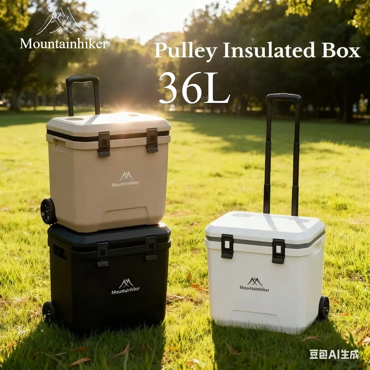 MOUNTAINHIKER 36L khak Refrigerator Box Outdoor Incubator Portable Warm Box BBQ Car Pulley Warm Box with Trolley Wheels