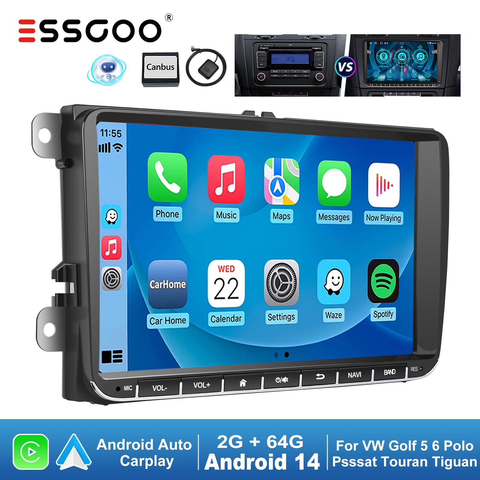 ESSGOO 9" Android 14 4+64G Drahtloses CarPlay Autoradio für VW Golf 5/6 Passat B6/B7 Polo Touran Tiguan Caddy GPS-Satellitennavigation WIFI RDS FM BT EQ SWC USB Intelligentes System