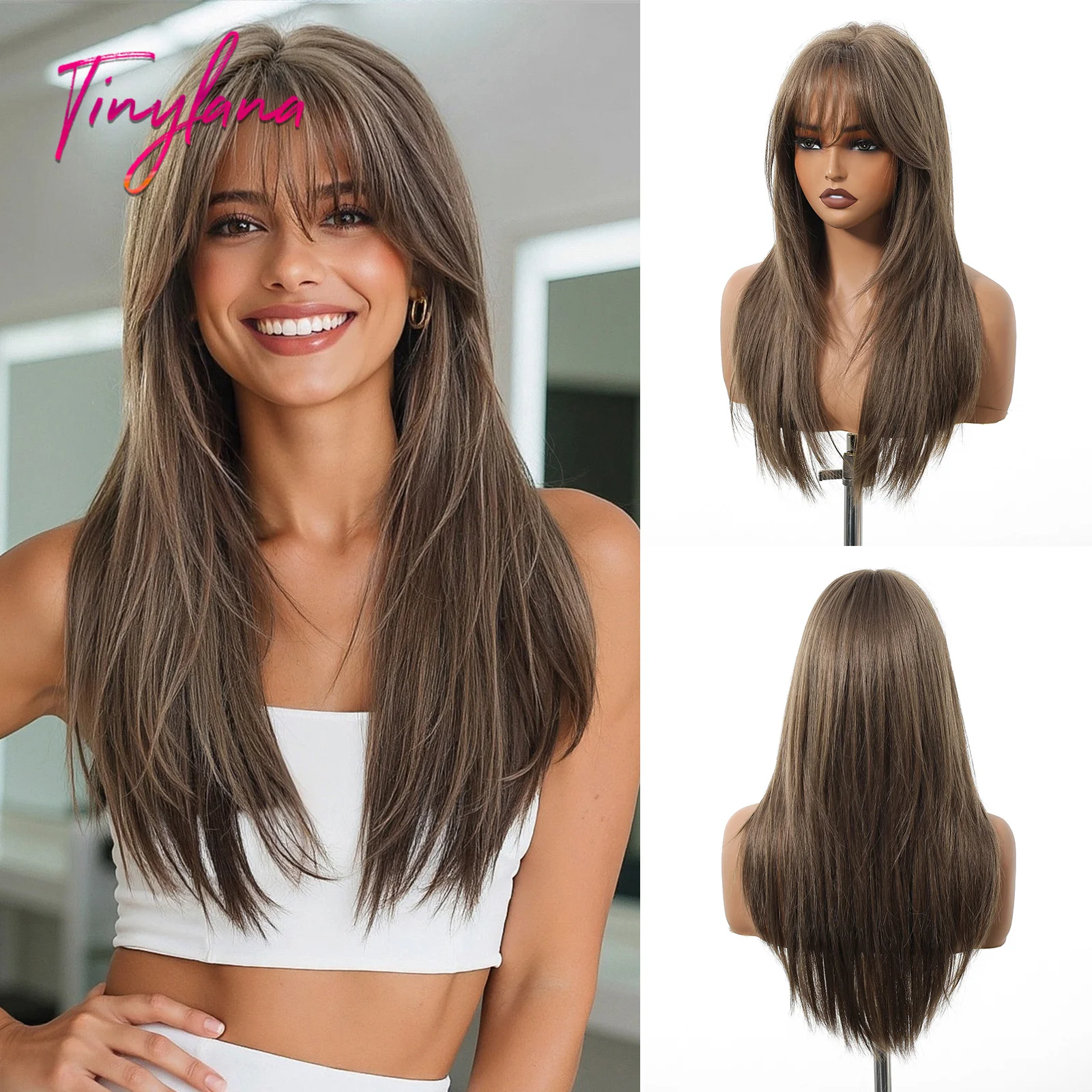 Brown Long Straight Synthetic Wigs with Bangs for Women Cold Brown Daily Wigs Natural Layered Hair Cosplay Heat Resistant Use