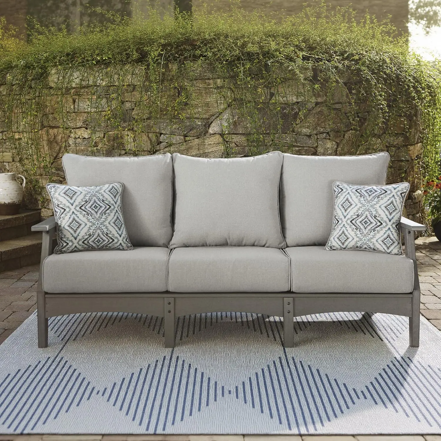 Outdoor Patio Sofa 3-Seat Wood Look Performance Cushions Deck Furniture Gray, Customized
