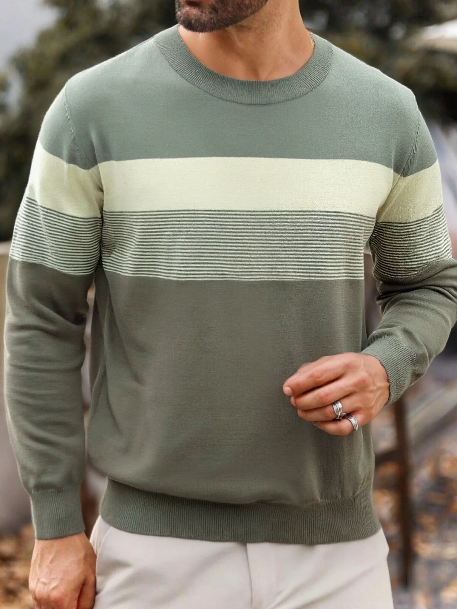 

Spring Autumn Men Round Neck Color Matching Stripe Knitted Pullover Casual Thin Long Sleeve Knit Sweater For Men