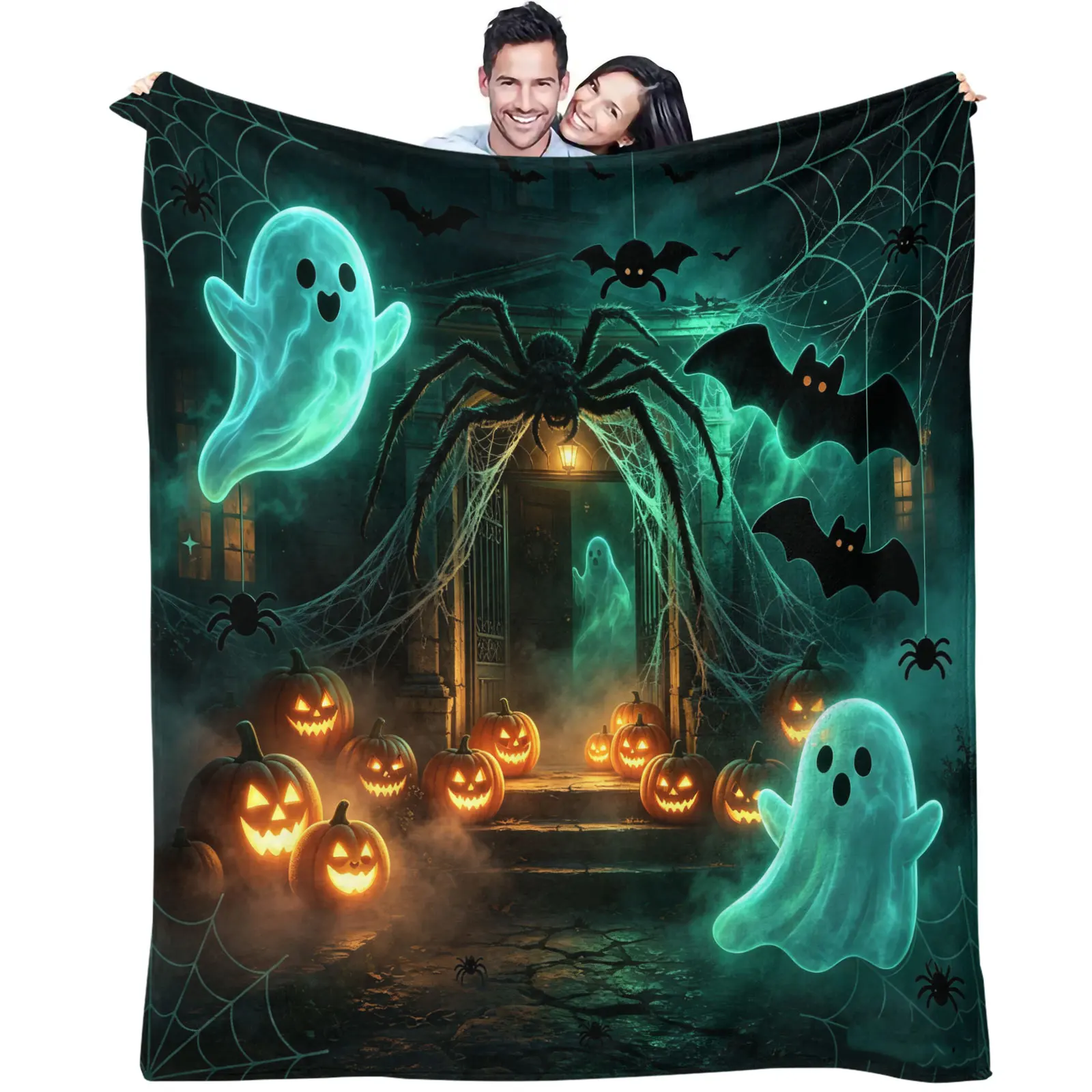 Halloween Haunted House Flannel Throw Blanket Glowing‑Green Ghost Pumpkin Bat Spider Web Print Soft Warm Microfiber Blanket Home
