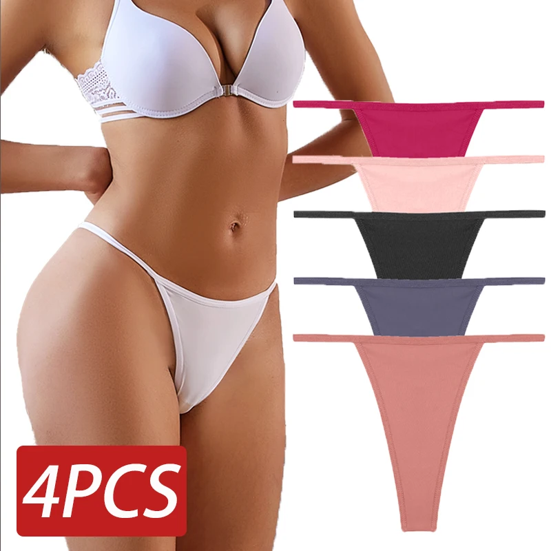 4PCS/Set Seamless Thong Women Sexy Thong For Women Panties Solid Color Low Waist Female Underpants Intimates Lingerie