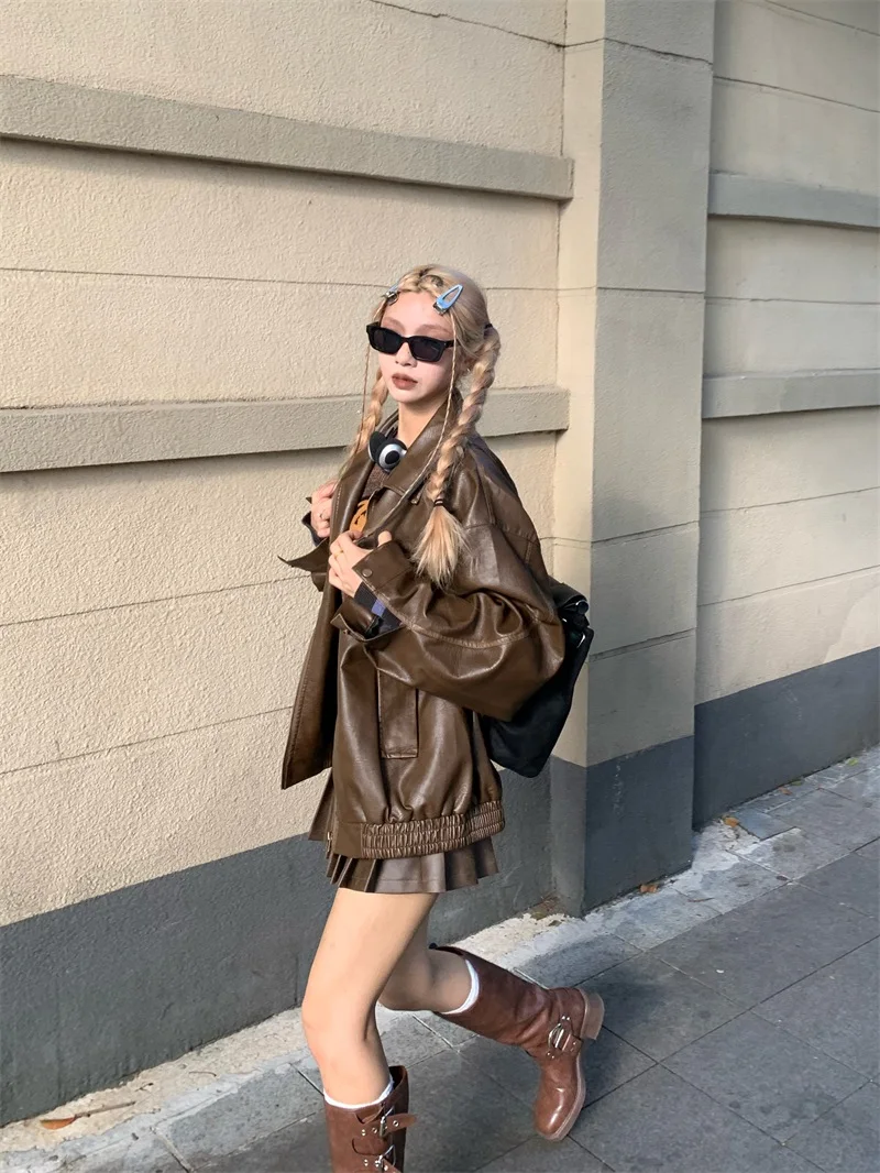 レディース バイカー スレ コーヒー レザー ジャケット 秋冬 ファッション デザイン レトロ アメリカン ジャケット コート ロング スリーブ ジッパー クロージャー