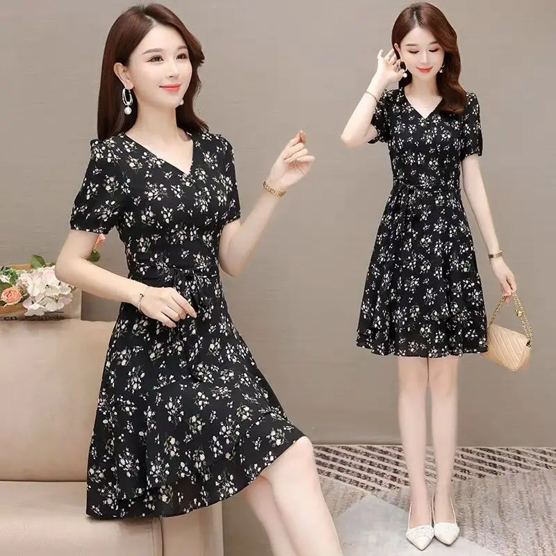 Elegant V-Neck Printed Spliced Ruffles Bandage Floral Dress Women's Clothing 2025 Summer New Loose Office Lady Prom Dresses