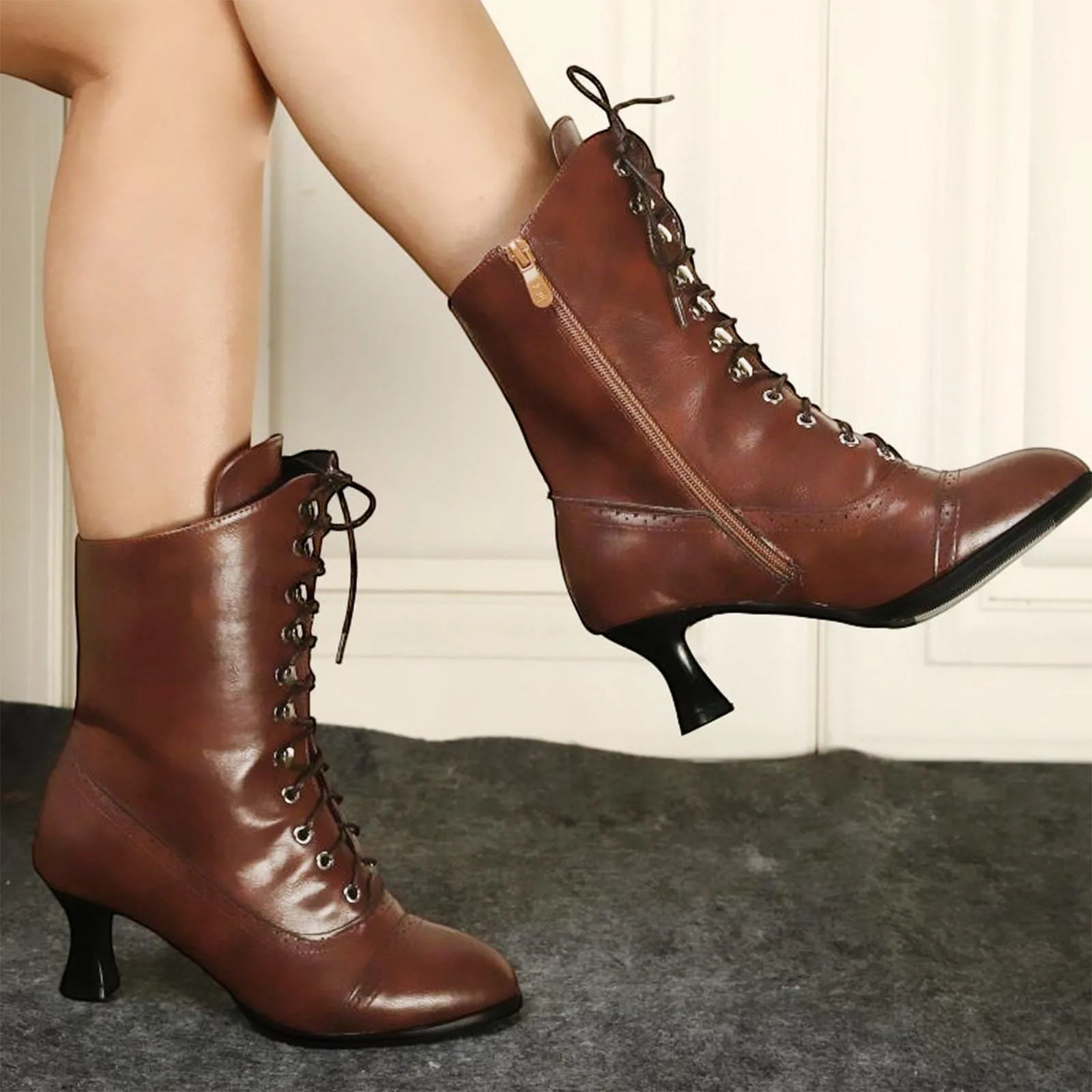 

Women's Trendy Lace Up Short Boots,Booties with Side Zipper,PU Leather Pointed Toe Chunky Mid Heel Shoes Retro Victorian Boots