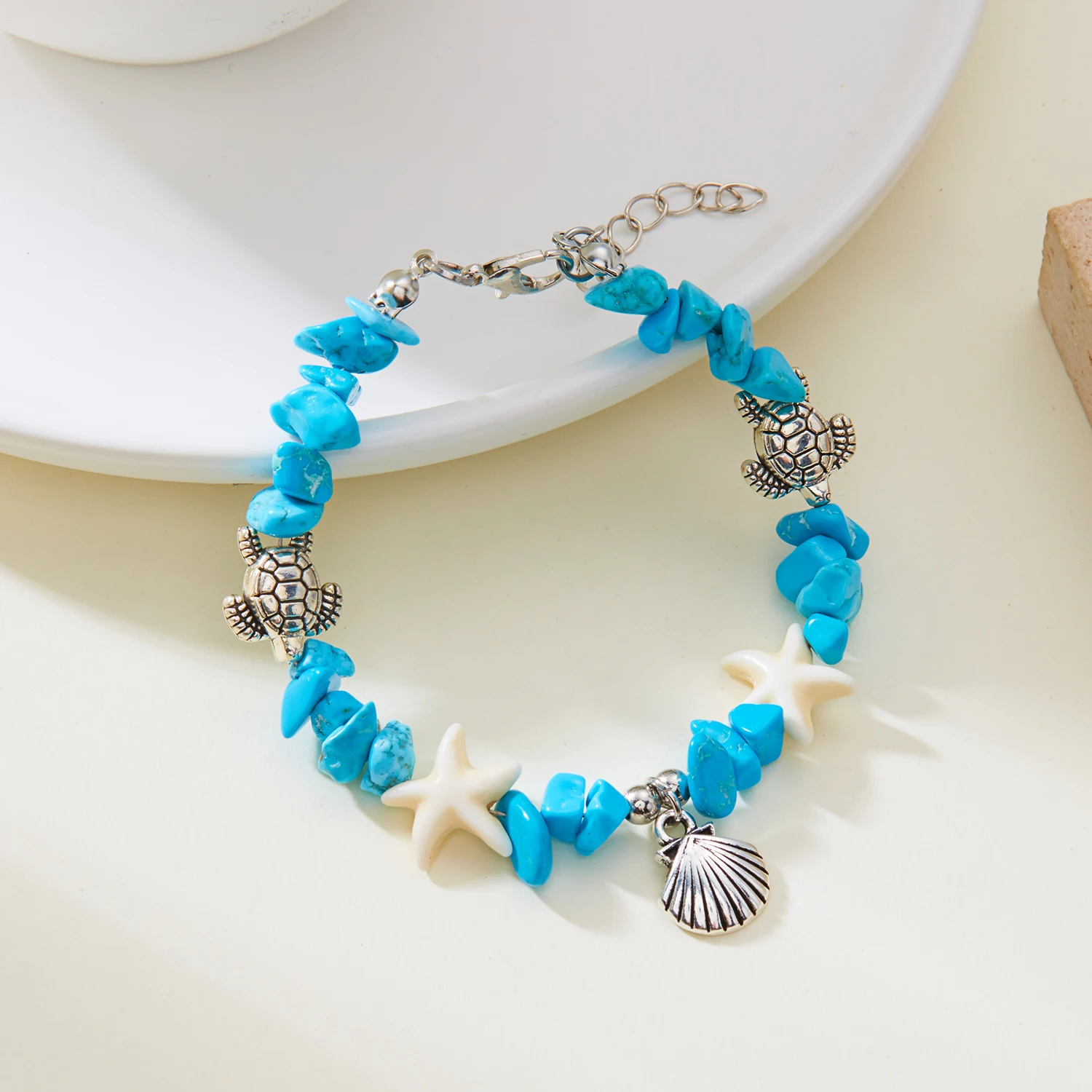 Natürliches Rosenquarz-Chip-Armband mit silberfarbenem Schildkröten-Anhänger für Damen, Heilkristall-Energiestein-Armreif, Sommer-Schmuckgeschenk – Detail 8