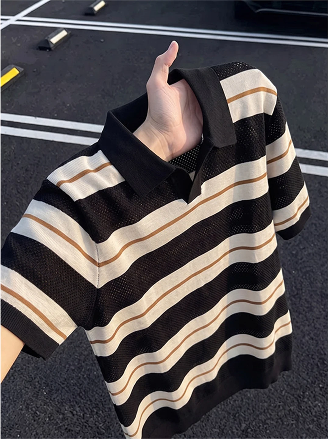 Italian Style Hollow out Short Sleeve  Shirt Men's Summer Thin Color Block Stripe V-Neck T-Shirt Casual Top Breathable